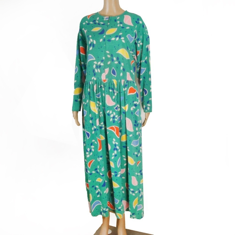 Oscar de la Renta Teal Green Multicolor Printed Long Sleeve Maxi Dress